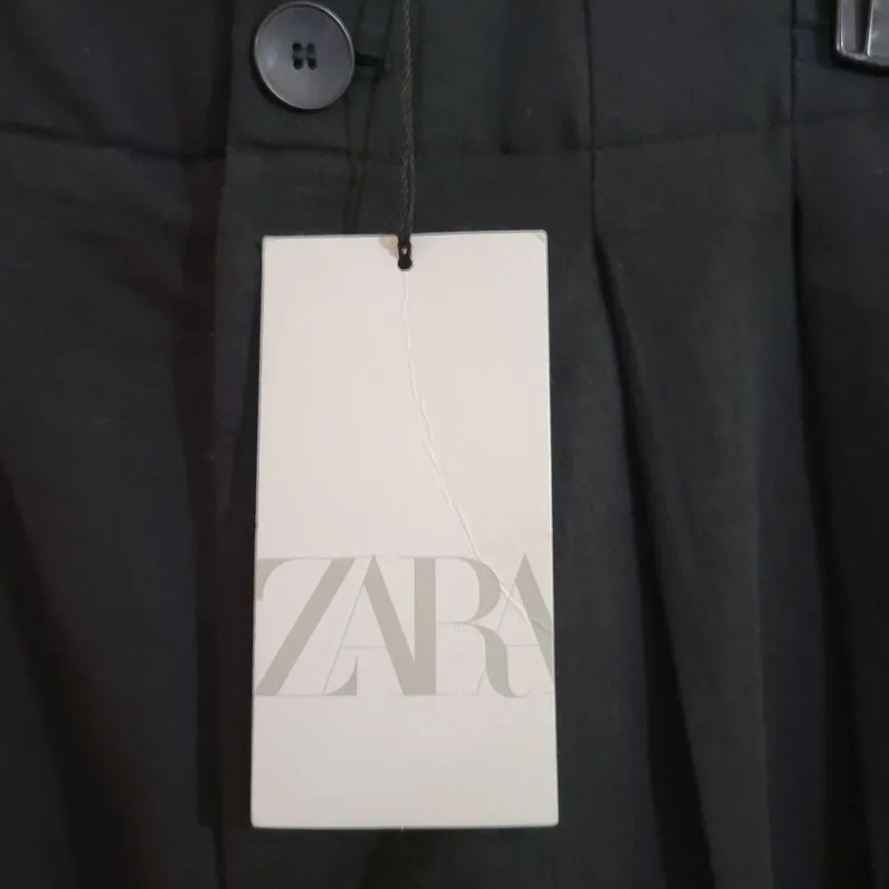 ZARA Womens Medium Linen Black High-Waisted Pleated Wide Leg Trousers‎ Pants NWT